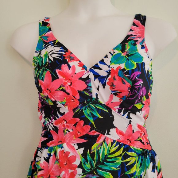 Maxine Hollywood Vintage 16 Bathing Suit 1 Pc Swim Tropical Pink Purple Floral T - Picture 3 of 8